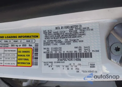 2013 Ford Fusion S из США, поврежденный, VIN 3FA6P0G74DR114006